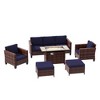 Sonkuki 6 Pieces Patio Sofa with Rectangle Fire Pit Table and Ottomans, Wicker Conversation Couch, Navy Blue Cushion - 2 of 4