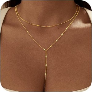 Long Lariat Necklace for Women, 14K Gold/Silver Plated Y-Drop Beaded Chain - 1 of 4