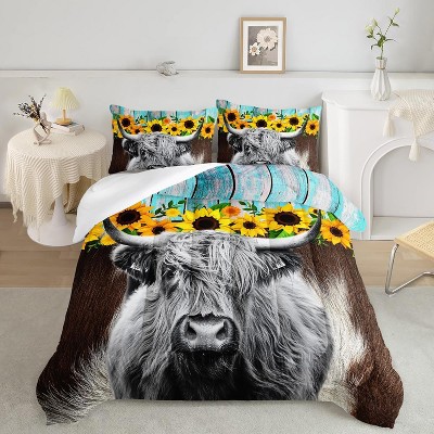 Highland Cow Floral Bedding Set, Wildlife Farm Cattle, Sunflower Flowers, Three-Piece Set