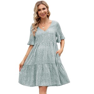 Maternity Dress Womens Casual Babydoll Dress Ruffle Short Sleeve V Neck Floral Printed Flowy Mini Short Tunic Dress - 1 of 4