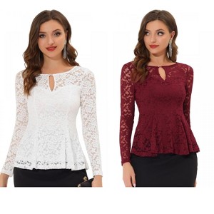 INSPIRE CHIC Women's Floral Lace Front Peplum Hem Keyhole Sheer Long Sleeve Blouse 2 Pieces - 1 of 4