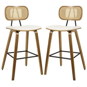 Bekrvio 26" Mid Century Modern Counter Height Bar Stools - Rattan Cane Back, Wood, PU Leather Upholstered for Kitchen Island Dining - 1 of 4