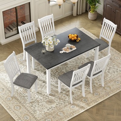 Whisen Wood Dining Set with Neoclassical Table and 6 Upholstered Chairs - Gray & White