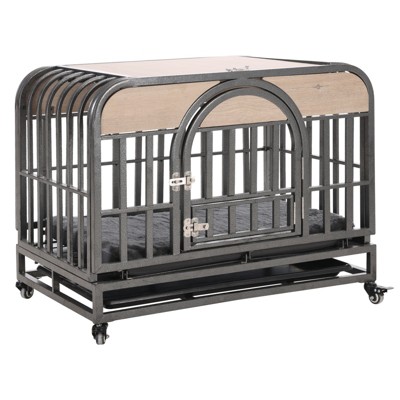 VisioGear 46" Dog Crate, Furniture Style Dog Crate with Removable Trays and Wheels for Dogs, Gray, 46"*31.5"*36.6"