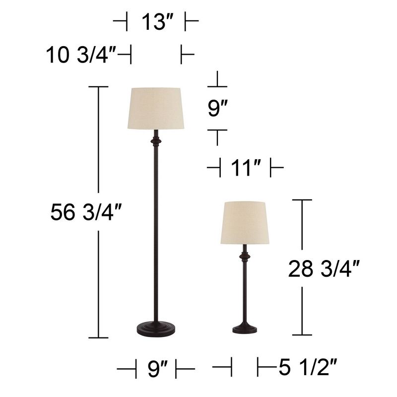 360 Lighting Carter Traditional 3 Piece Floor Table Lamp Set Bronze Metal Oatmeal Drum Shade for Bedroom Living Room Bedside Nightstand Office House, 4 of 10