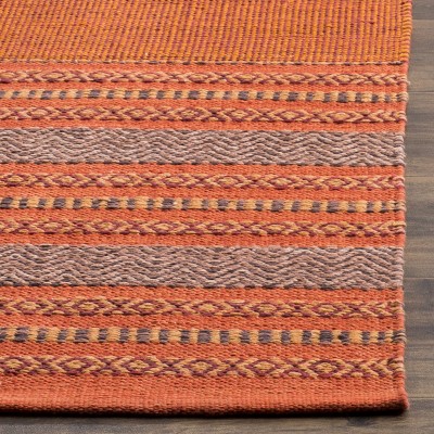 Burnt Orange and Red Handwoven Wool Cotton Striped Area Rug