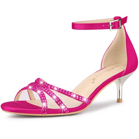 Allegra K Women's Satins Rhinestone Mesh Kitten Heels Sandals Hot Pink