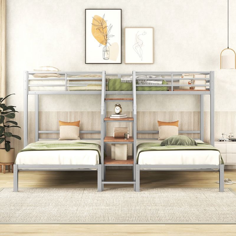 Metal Twin over Twin & Twin Bunk Bed, Triple Bunk Bed with Storage Shelves Staircase - ModernLuxe, 2 of 10