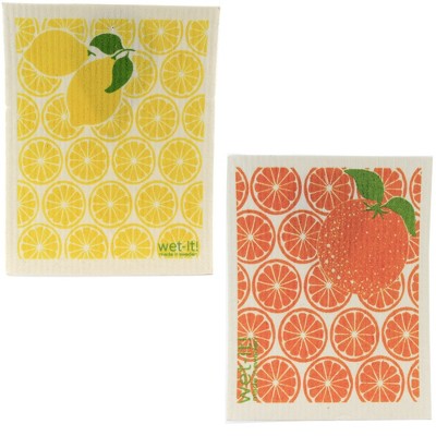 Swedish Dish Cloth 7.75" Lemons And Oranges Wet-It Set Eco Friendly  -  Dish Cloth