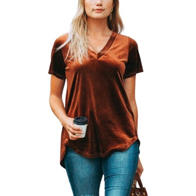 Amaryllis Women's Short-Sleeve Casual V-Neck Velvet High Low Tee Soft Luxurious Rich Texture