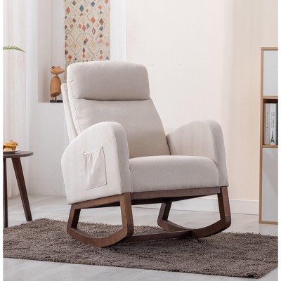 PAGED Modern Rocking Chair with Side Pocket, Upholstered Accent Chair with Wood Legs, High Back Reading Chair for Living Room, Bedroom