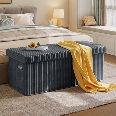 Pinmoco 43" Folding Storage Ottoman Bench with White Blanket and Side Pocket, Corduroy Storage Bench Entryway Bench for Bedroom, Living Room