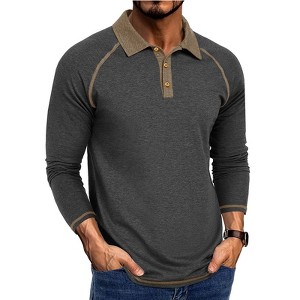 Men's Color Block Long Sleeve Button Polo Shirt Casual Contrast Collar Tee - 1 of 4