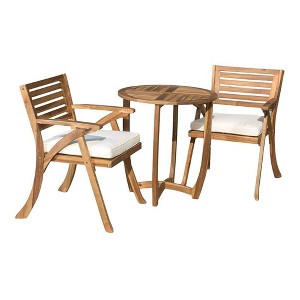 Gulches 3-Piece Teak Finish Acacia Wood Outdoor Dining Set Bistro Set with Cream Water-Resistant Cushions, Slat Design, 400 lbs Weight Capacity - 1 of 4
