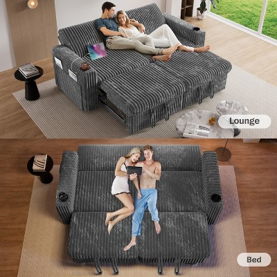91" Sectional Sleeper Sofa: Pull-out bed, oversized loveseat with reclining backrest, USB ports, cup holders. Tool-free assembly