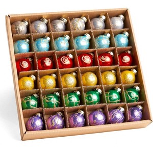 Joyfy 36 Pcs Christmas Colorful Mini Ball Ornament Set, Metalic Glass Balls with Glitter Prints & Rope Hangers, Hanging Ornaments for Christmas Tree - 1 of 4