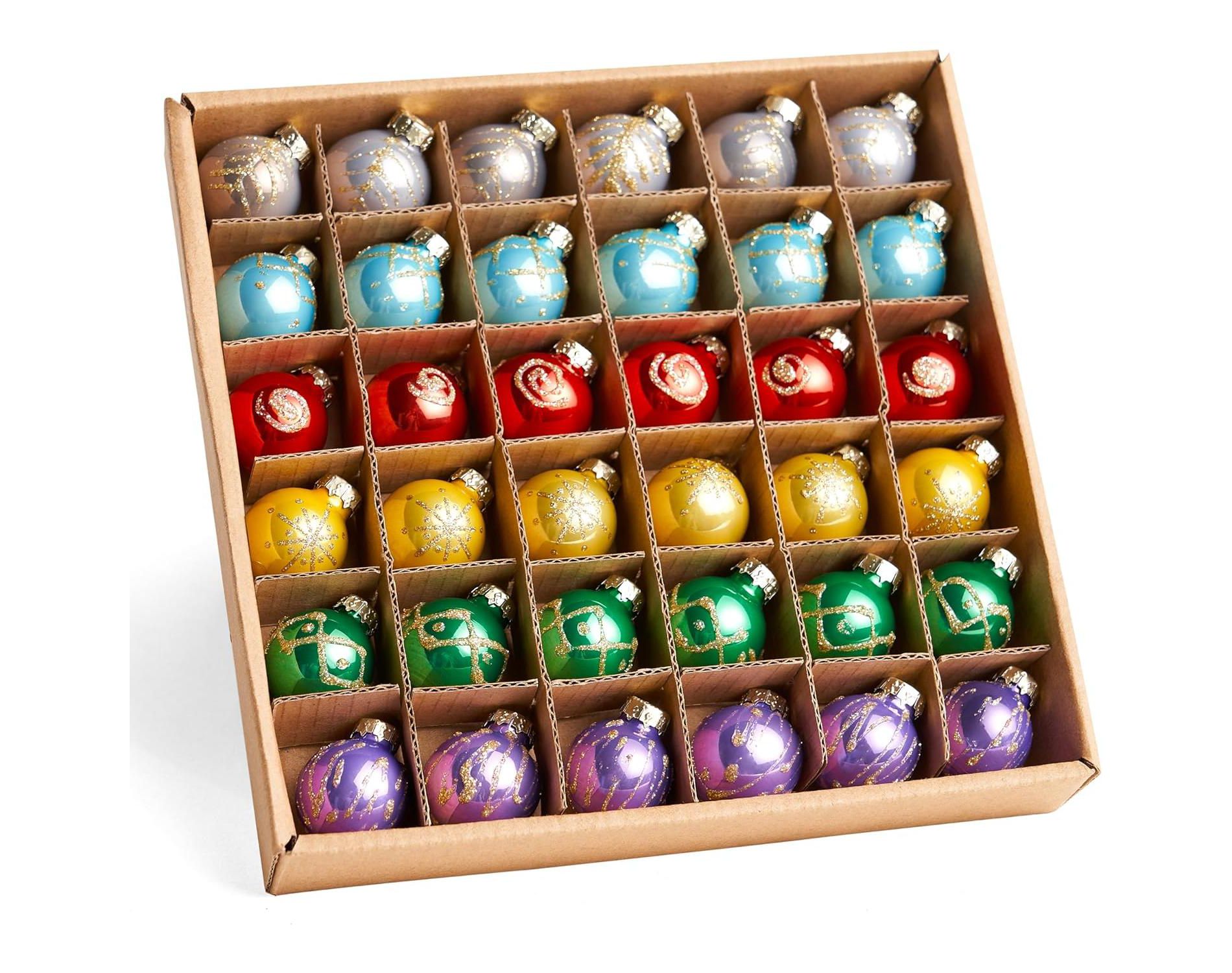 Joyfy 36 Pcs Christmas Colorful Mini Ball Ornament Set, Metalic Glass Balls with Glitter Prints & Rope Hangers, Hanging Ornaments for Christmas Tree