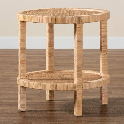 Bella Natural Mahogany Wood and Rattan 2-Tier Round Accent Table