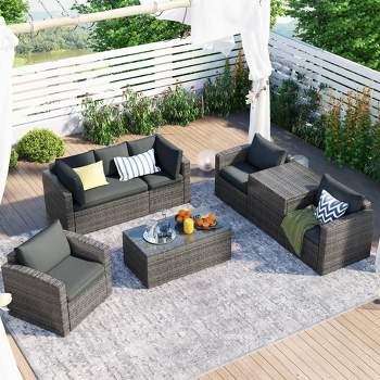 7pc Wicker Patio Seating Set with Cushions & Storage Box - Gray - GODEER