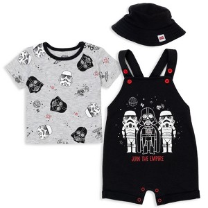 Star Wars Chewbacca R2-D2 Yoda Baby French Terry Short Overalls T-Shirt and Hat 3 Piece Outfit Set Newborn to Infant - 1 of 4