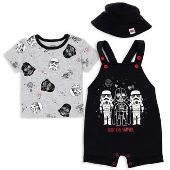 Star Wars Chewbacca R2-D2 Yoda Baby French Terry Short Overalls T-Shirt and Hat 3 Piece Outfit Set Newborn to Infant