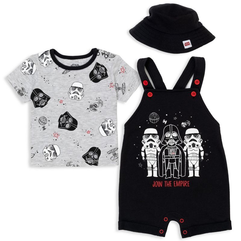 Star Wars Chewbacca R2-D2 Yoda Baby French Terry Short Overalls T-Shirt and Hat 3 Piece Outfit Set Newborn to Infant, 1 of 9