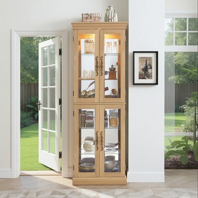 Wooakway 71"H Antique White Wood Lighted Glass Display Cabinet with Bulb Included for Living Room Kitchen Pantry