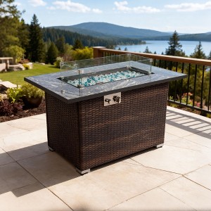 44" Propane Gas Fire Pit Table, 50000 BTU Rectangular Fire Pit, Tile Tabletop with Beautiful Wicker Base for Outside Patio Deck Garden Courtyard-Brown - 1 of 4