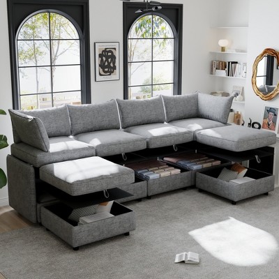 Christopher Knight Home Alvis Modular 129" Storage Sleep U-Sofa,Convertible 98.5" Chenille 4 Seater L-Sofa with Two Ottomans