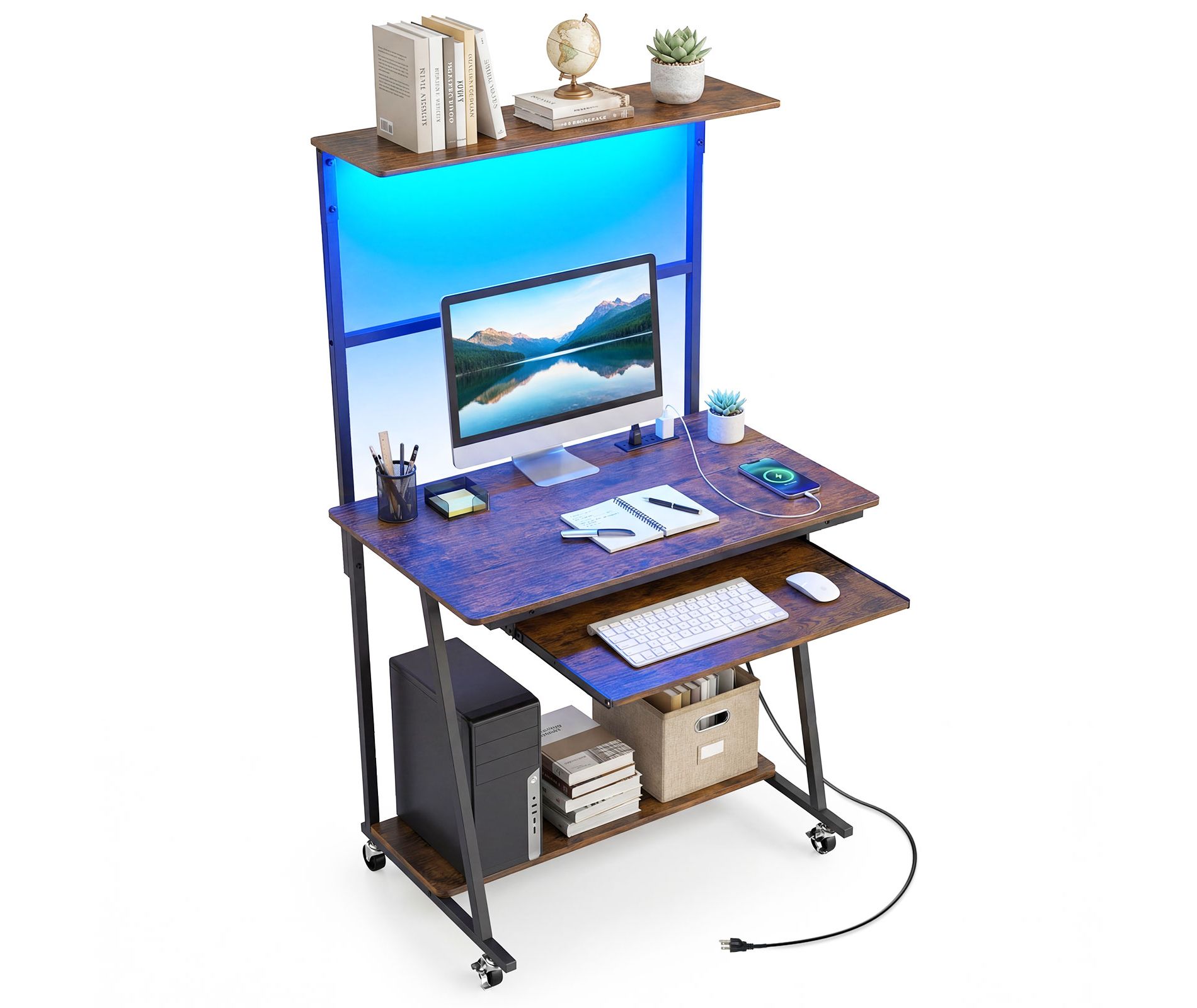 Costway Rolling Office Desk with Charging Station Lights Hutch Keyboard Tray Bottom Shelf