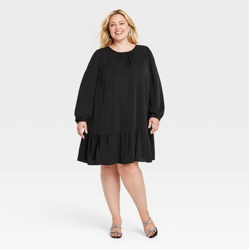 Women's Plus Size Balloon Long Sleeve Woven Dress - Ava & Viv Black 2X -  כרית לי - כרית הריון והנקה הטובה בישראל