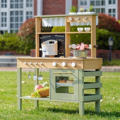 ROBOTIME Play Food And Toy Kitchens Outdoor Play Kitchen, Wooden Kitchen Toy, Play Kitchen Accessories, Gift for Girl Boy, Green, 11.4"*28.7"*34.4"