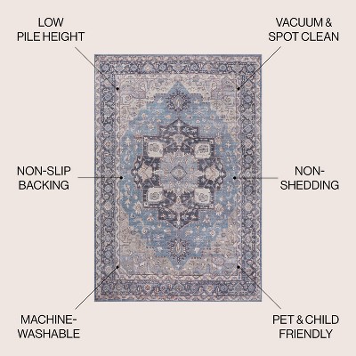 Maris Ornate Medallion Blue/Cream Chenille 4' x 6' Washable Area Rug