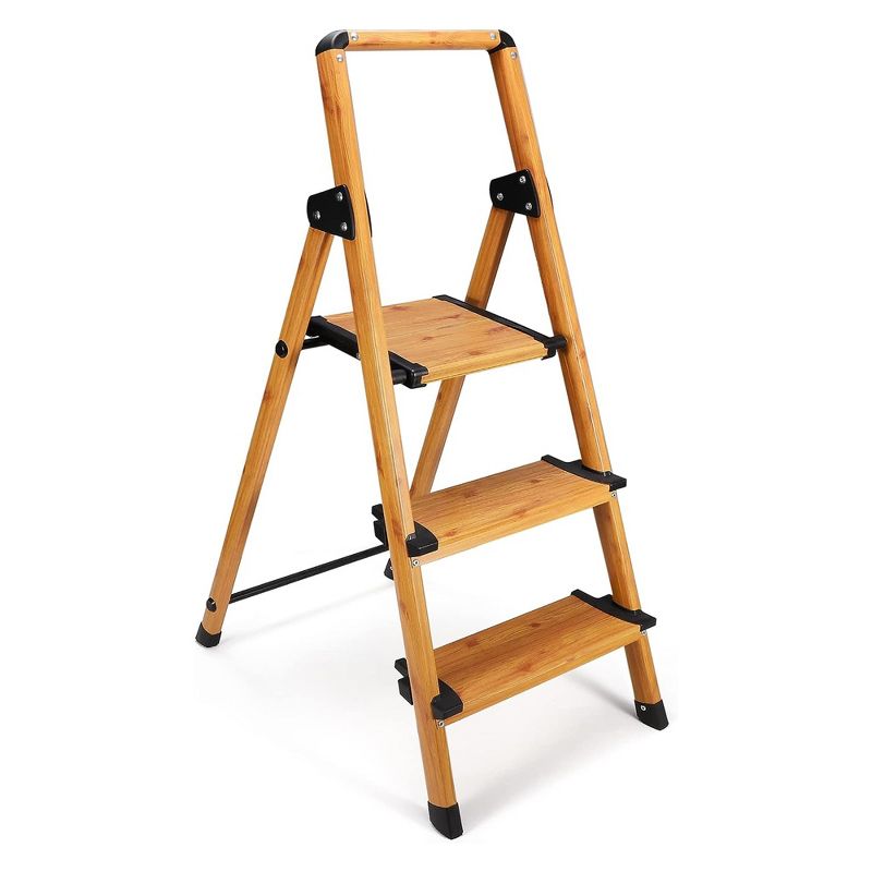 Delxo Portable Collapsible Lightweight Aluminum 3 Step Stool Step Ladder with Long Handrails and Safety Latch Mechanism, Woodgrain Finish, 1 of 8