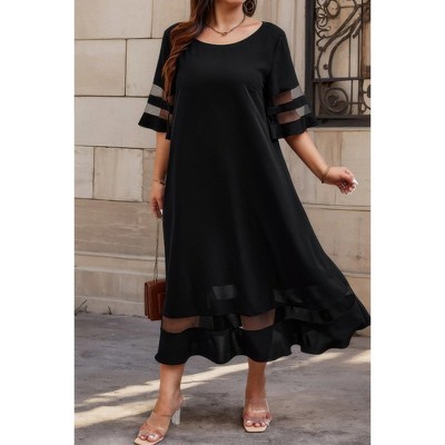 I AM A FASHION JUNKY Plus Size Mesh Splicing Round Neck Long Dress