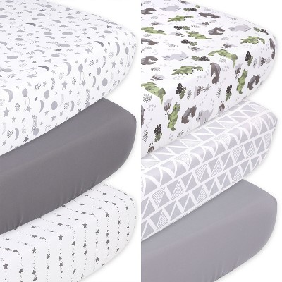 Image of The Peanutshell Celestial Stars and Dinosaur Fitted Crib Sheets, Unisex 6-Pack Set  | Grey, Green, White