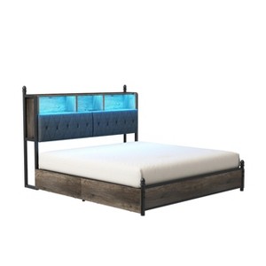 AMERLIFE Bed Frame with Bookcase Headboard, 4 Drawers, Charging Station, No Box Spring - 1 of 4