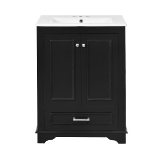 Akoasm 24.2 in. W Modern Ceramic Sink Combo Bathroom Vanity with Soft Closing Doors & Silver Handles-Black - 1 of 4