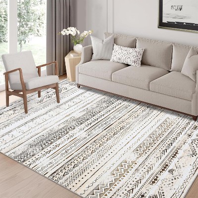 Washable Area Rug – Soft Boho Farmhouse Carpet, Non-Slip Indoor Floor Rug for Living Room, Bedroom, Dining, Office
