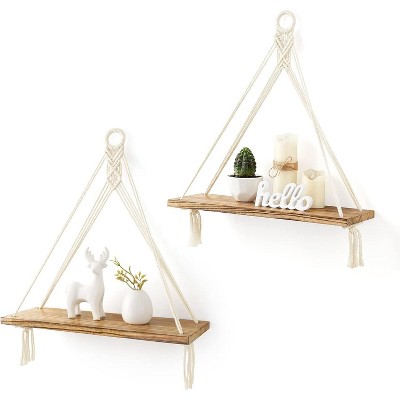 Attop Macrame Hanging Shelves Boho Wall Decor Set of 2 Rustic Wood Floating Storage Shelf for Bedroom Bathroom Living Room Nursery Dorm Room