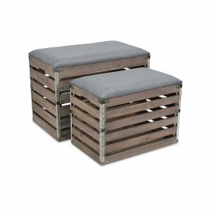 HomeRoots Set Of 2 Rectangular Gray Linen Fabric And Wood Slats Storage Benches - 1 of 4