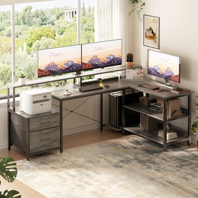 Aheaplus L-Shaped Computer Desk with Drawers and Monitor Shelf