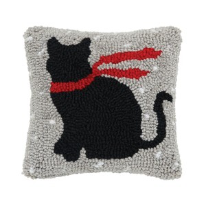 C&F Home 8" x 8" Christmas Winter Black Cat w/ Red Scarf Silhouette Small/Petite Hooked Accent Throw Pillow - 1 of 4