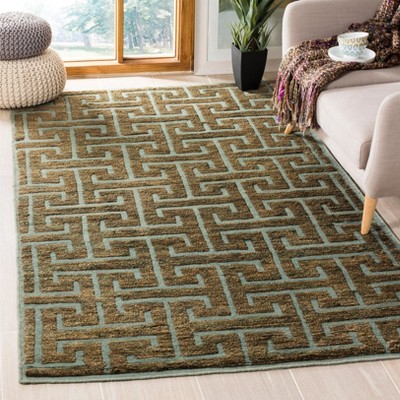 Hand-Knotted Blue and Beige Wool Geometric Rug, 5' x 8'