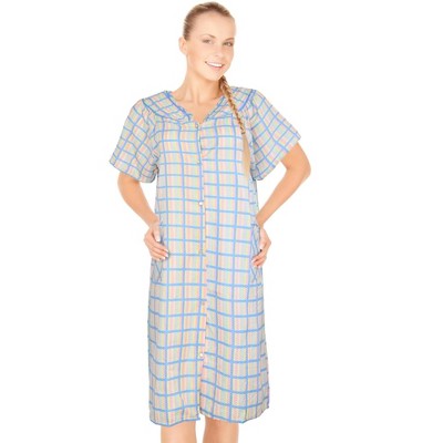 JEFFRICO House Dresses for Women with Pockets - Lightweight Breathable Short Sleeve Muumuu & Nightgowns - Snap Front Housecoat Dusters