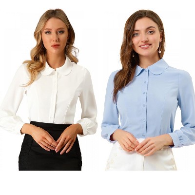 Allegra K Women's Work Peter Pan Collar Long Bishop Sleeve Button Down Shirt 2 Packs