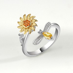 Anna-Kaci Women's Sunflower Adjustable Ring with Delicate Leaf Accent and Silver Tone Band 0.6in - Silver - 1 of 4