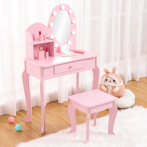 Kids Vanity Set with Mirror and Stool, Wooden Makeup Table for Girls Ages 4-9, Kids' Vanities Dress-Up Playset for Bedroom and Playroom - 1 of 4