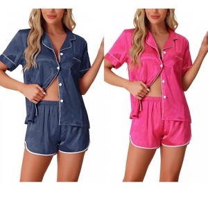INSPIRE CHIC Women's 2 Pcs Satin Pajamas Silky Short Sleeve Button Down Pajama Sets - 1 of 4