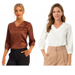 INSPIRE CHIC Women's V Neck 3/4 Sleeve Casual Office Work Satin Blouses 2 Packs - 1 of 4